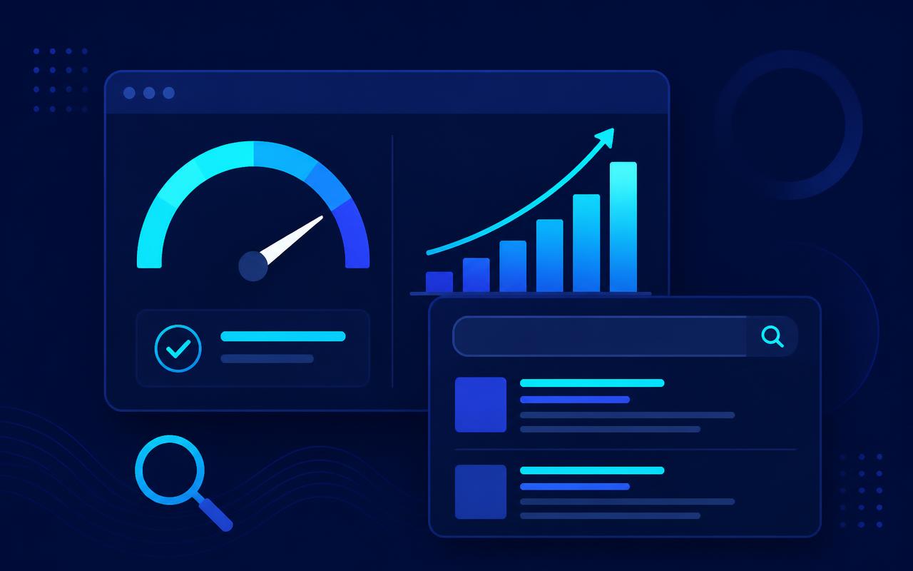 Performance score gauge, growth chart, and search result listing