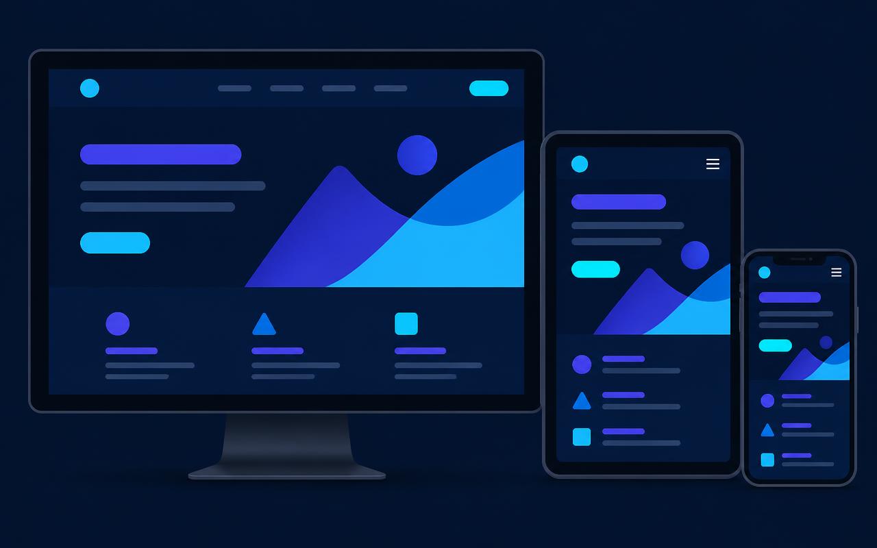 Website layout shown on desktop, tablet, and mobile screens