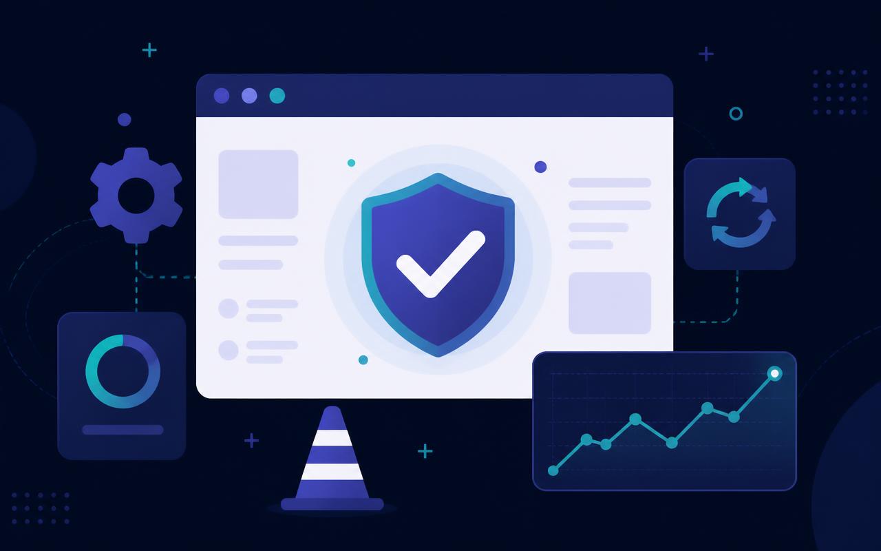 Website maintenance dashboard with a security shield and update icons