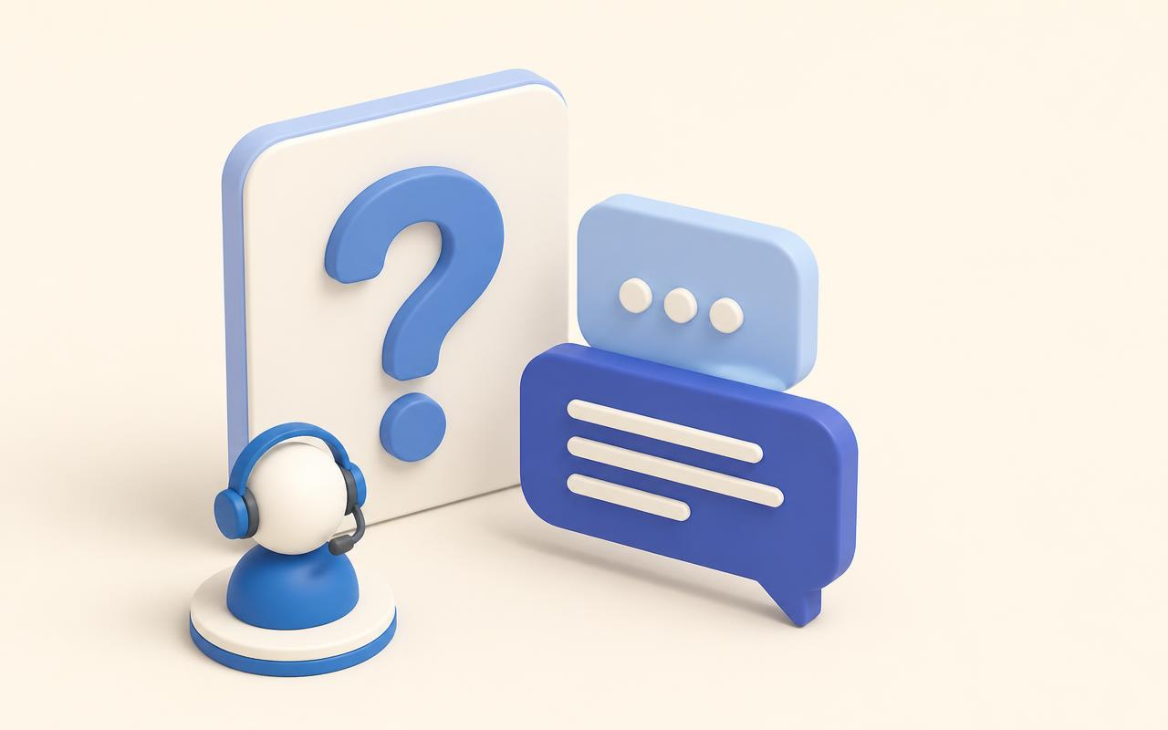 A large question mark card beside chat bubbles and a friendly support headset icon