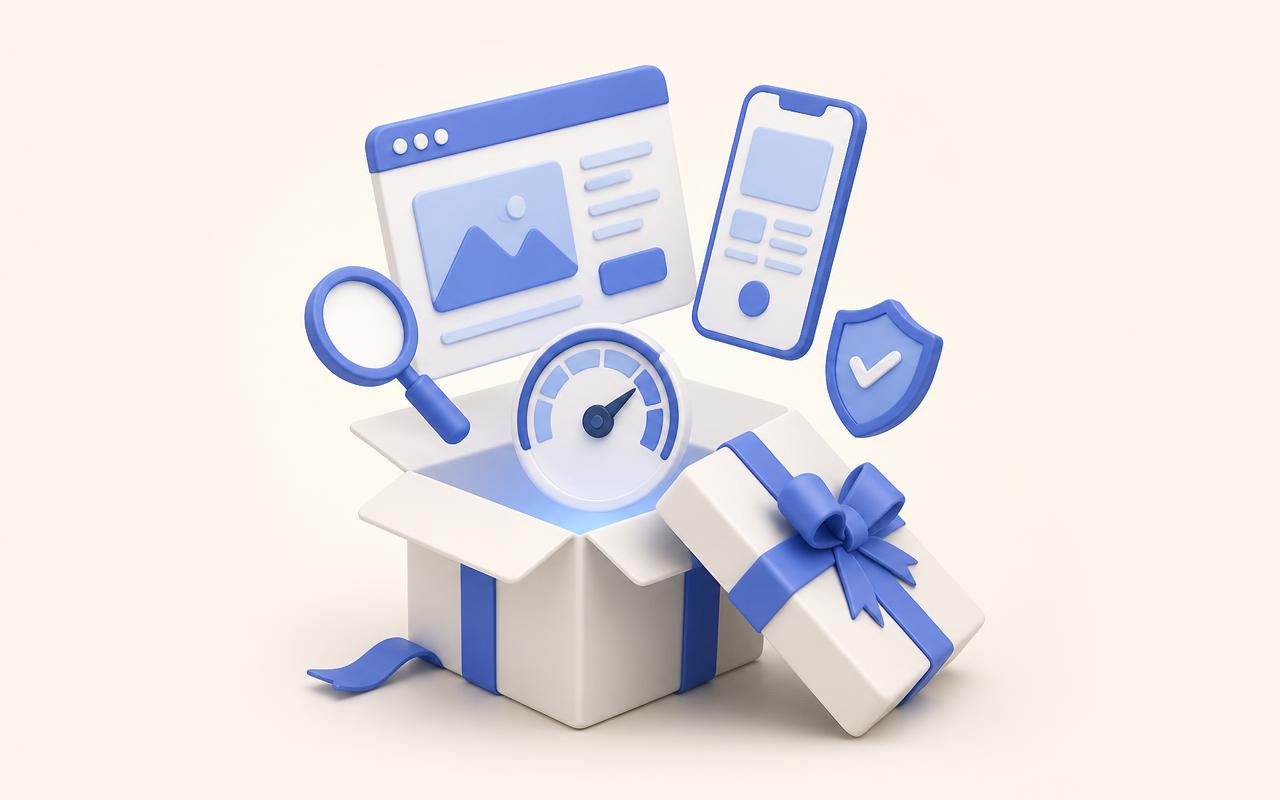 An open gift box with a website, a phone screen, a search magnifier, a speed gauge and a security shield floating out of it