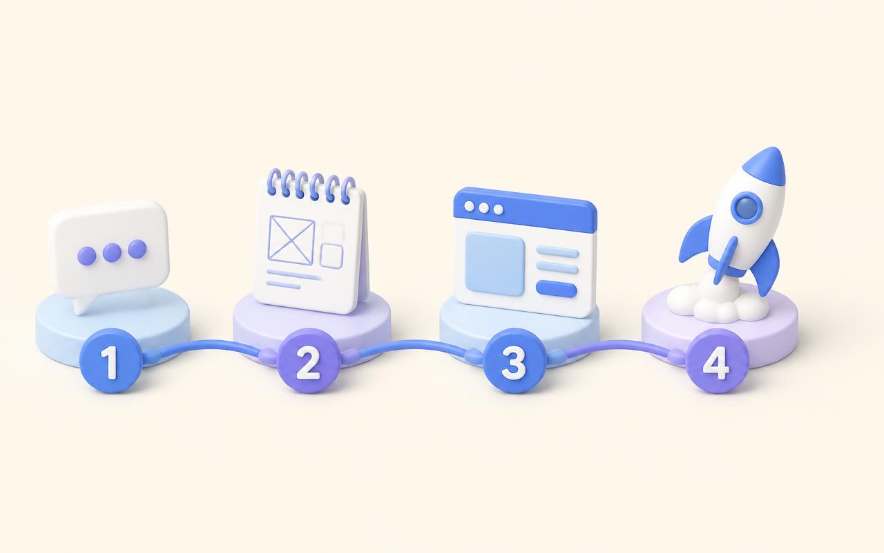 Four illustrated milestones — a chat, a sketch pad, a browser window and a rocket — connected along a numbered timeline
