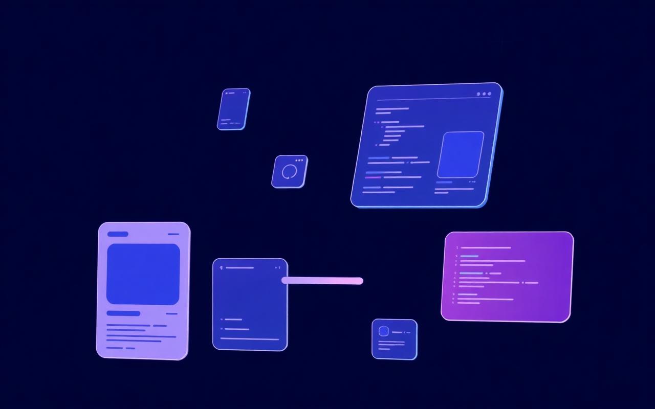 Floating website panels, wireframes and code brackets