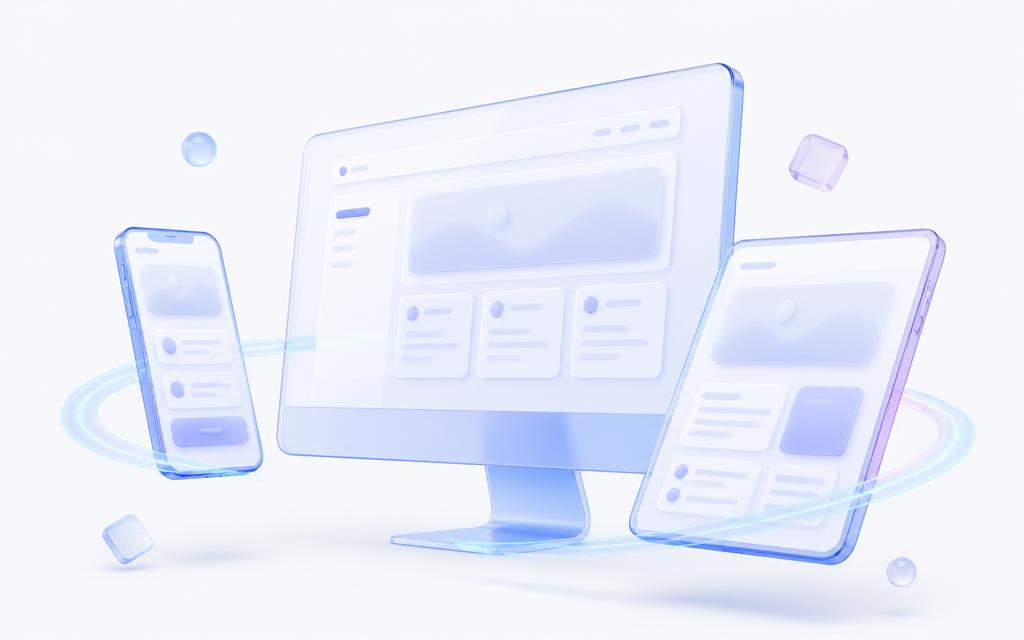 Floating website panels, wireframes and code brackets