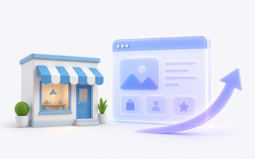 A small storefront beside a glowing website window and a rising growth arrow
